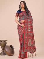 Thumbnail for Aanika Women Red Cotton Saree With UnStiched Blouse - Distacart