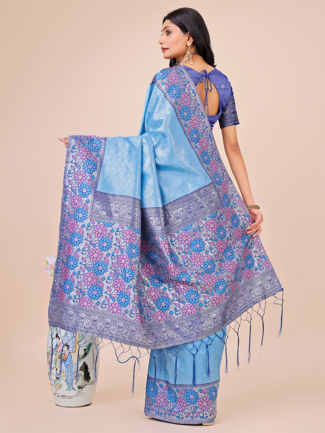 Aanika Women Sky Blue Lichi Silk Saree With UnStiched Blouse - Distacart