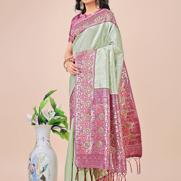 Aanika Women Olive Green Lichi Silk Saree With UnStiched Blouse - Distacart