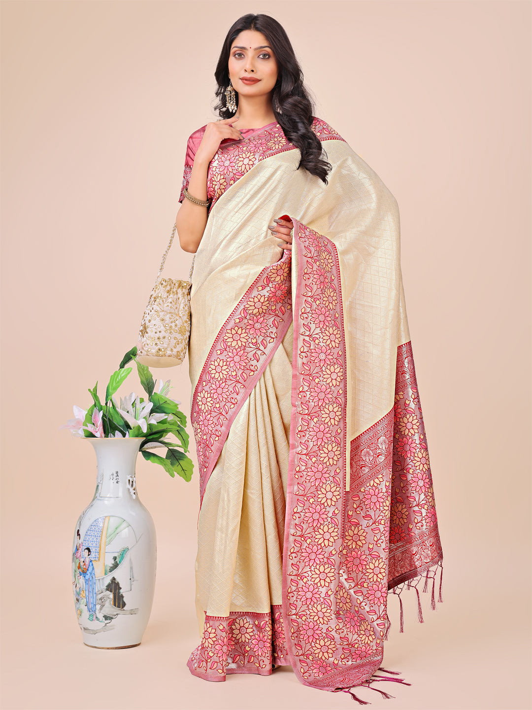 Aanika Women Cream Lichi Silk Saree With UnStiched Blouse - Distacart