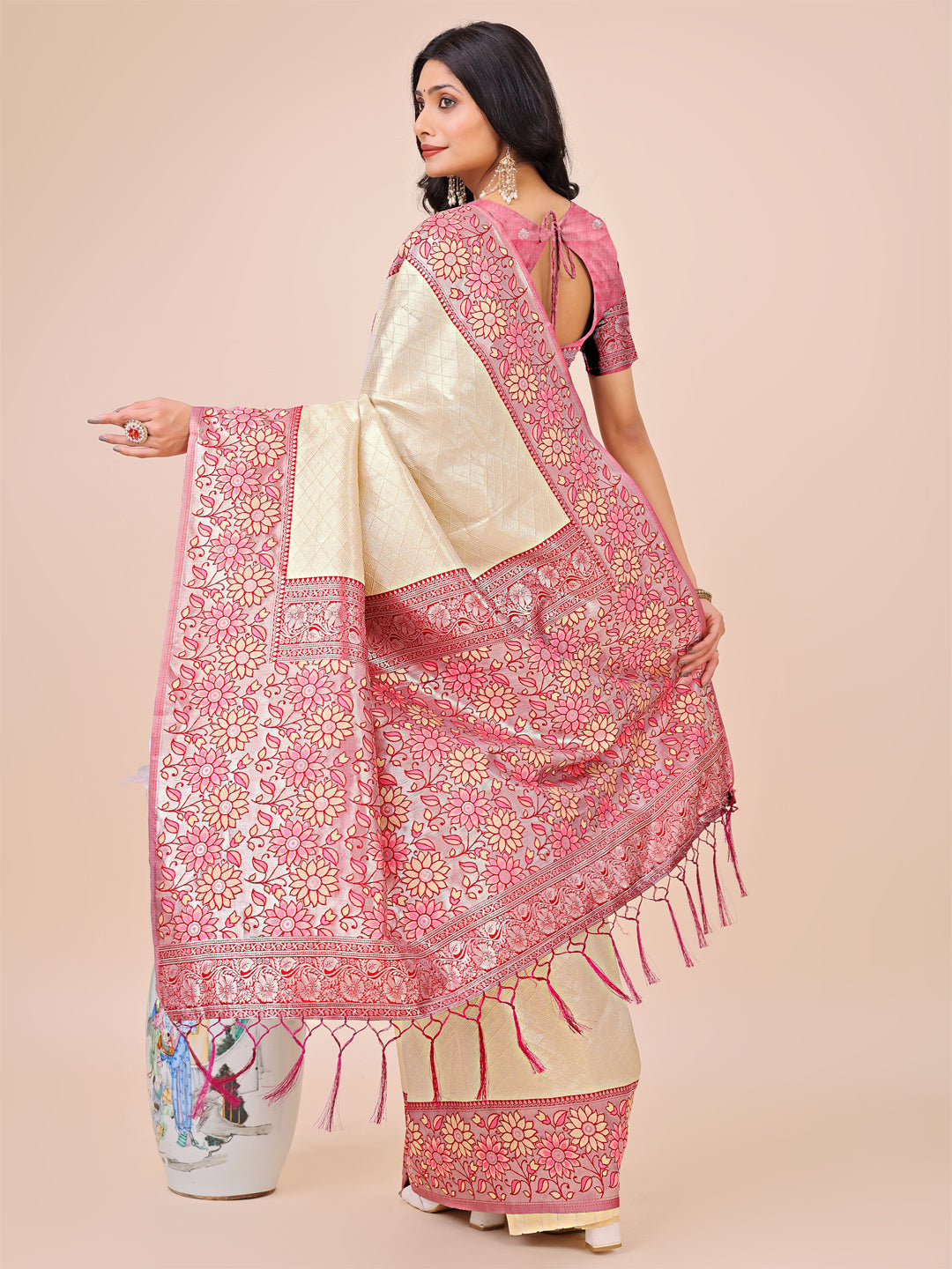 Aanika Women Cream Lichi Silk Saree With UnStiched Blouse - Distacart