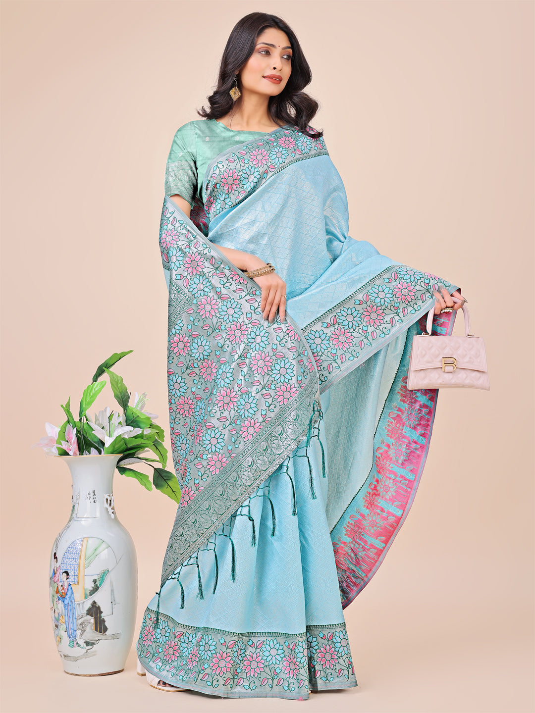 Aanika Women Teal Lichi Silk Saree With UnStiched Blouse - Distacart