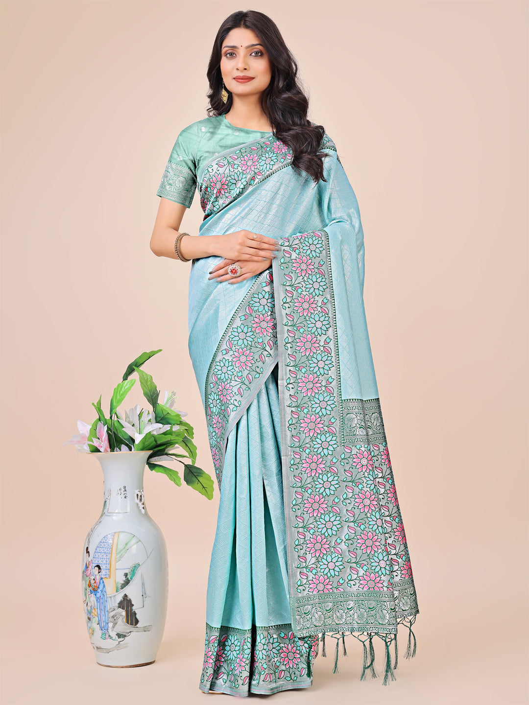 Aanika Women Teal Lichi Silk Saree With UnStiched Blouse - Distacart
