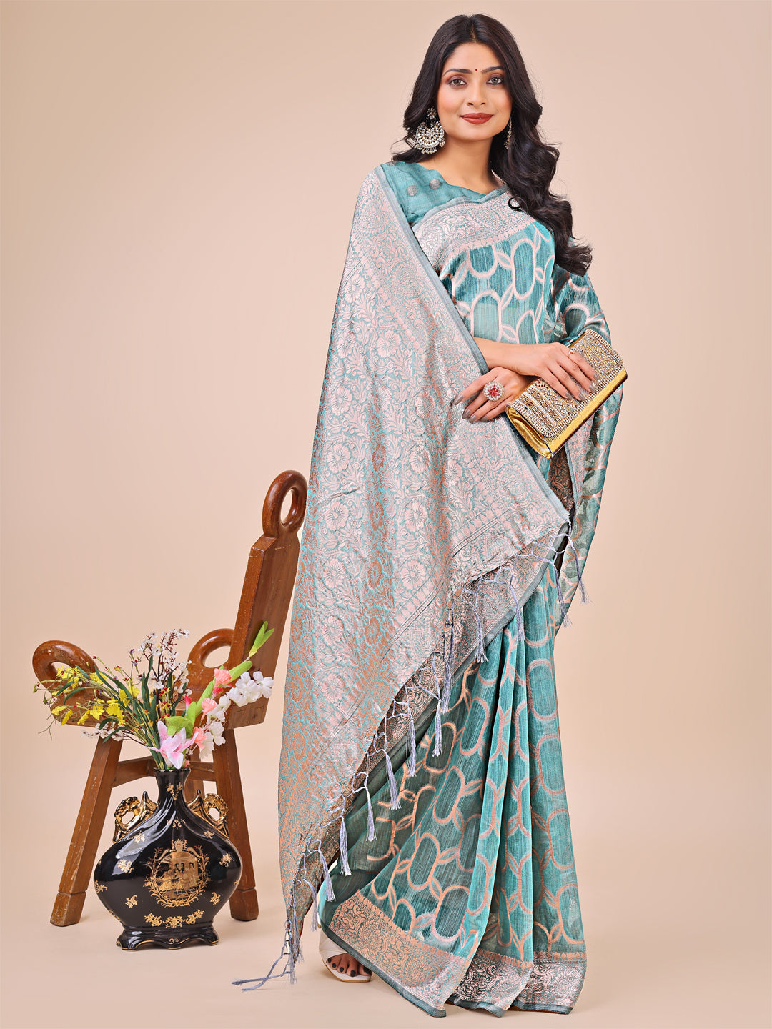 Aanika Women Teal Linen Cotton Saree With UnStiched Blouse - Distacart