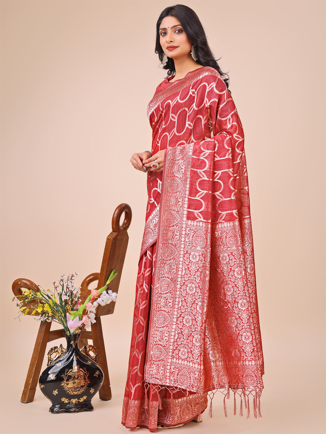 Aanika Women Red Linen Cotton Saree With UnStiched Blouse - Distacart