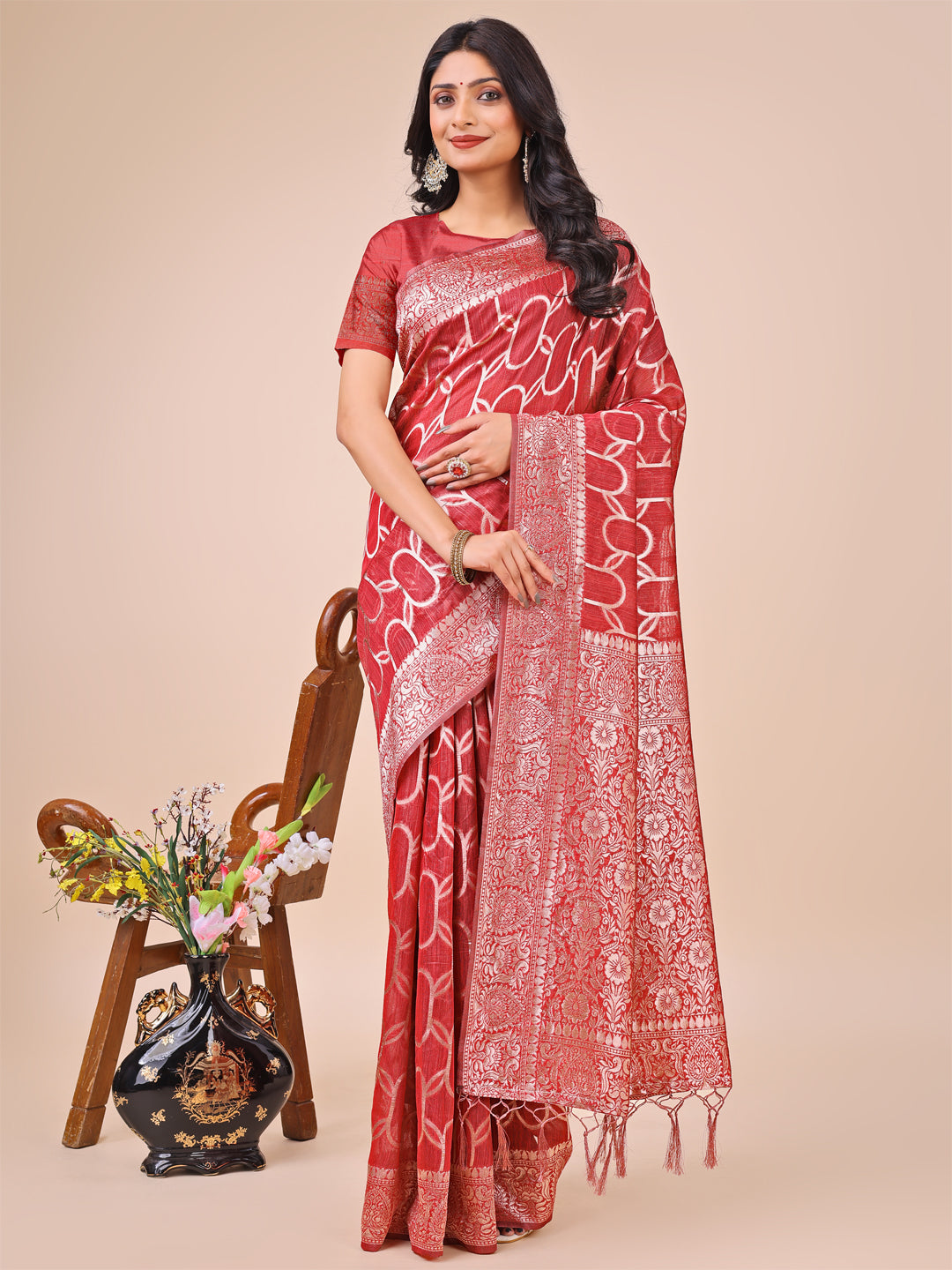 Aanika Women Red Linen Cotton Saree With UnStiched Blouse - Distacart