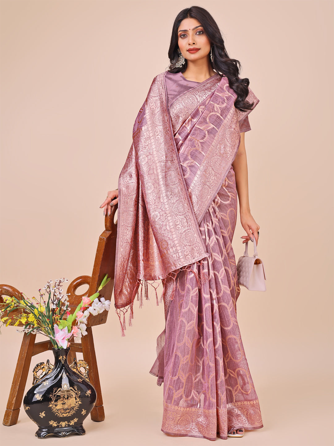 Aanika Women Purple Linen Cotton Saree With UnStiched Blouse - Distacart