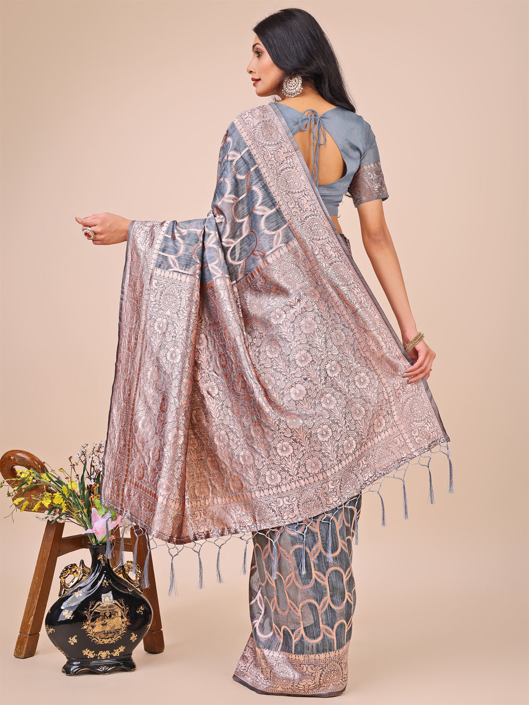Aanika Women Grey Linen Cotton Saree With UnStiched Blouse - Distacart