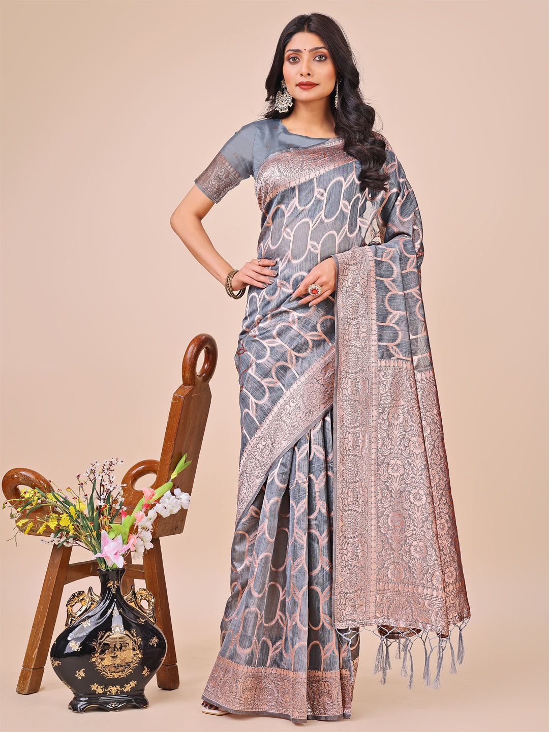 Aanika Women Grey Linen Cotton Saree With UnStiched Blouse - Distacart