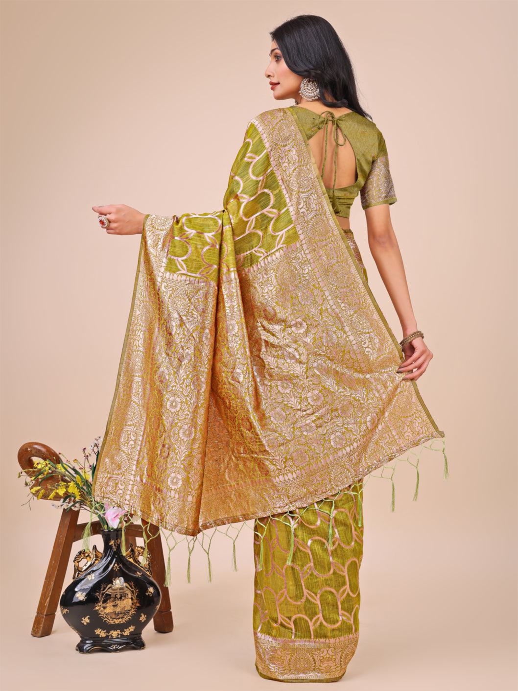 Aanika Women Olive Green Linen Cotton Saree With UnStiched Blouse - Distacart