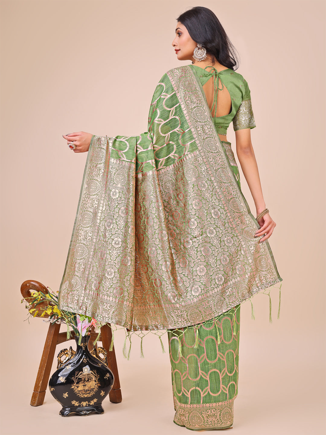 Aanika Women Green Linen Cotton Saree With UnStiched Blouse - Distacart