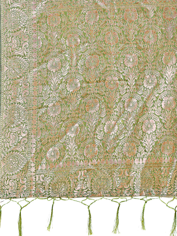 Aanika Women Green Linen Cotton Saree With UnStiched Blouse - Distacart