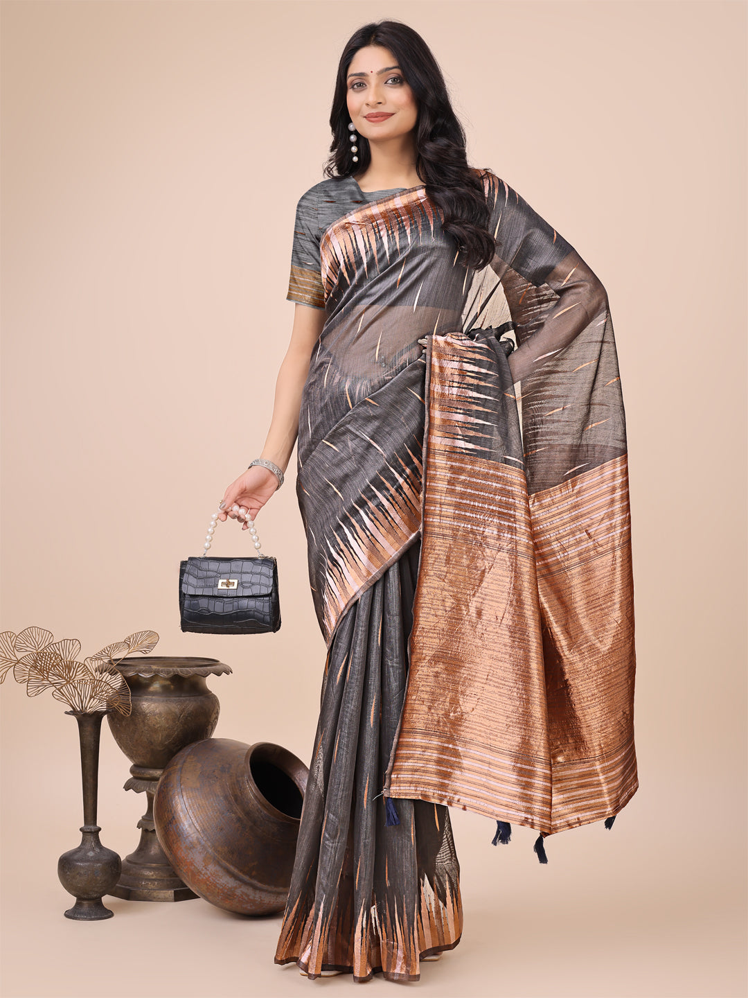 Aanika Women Grey Linen Cotton Saree With UnStiched Blouse - Distacart