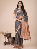 Thumbnail for Anaita Grey Linen Cotton With Jacquard Work And Zari Weaving Saree With Blouse - Distacart