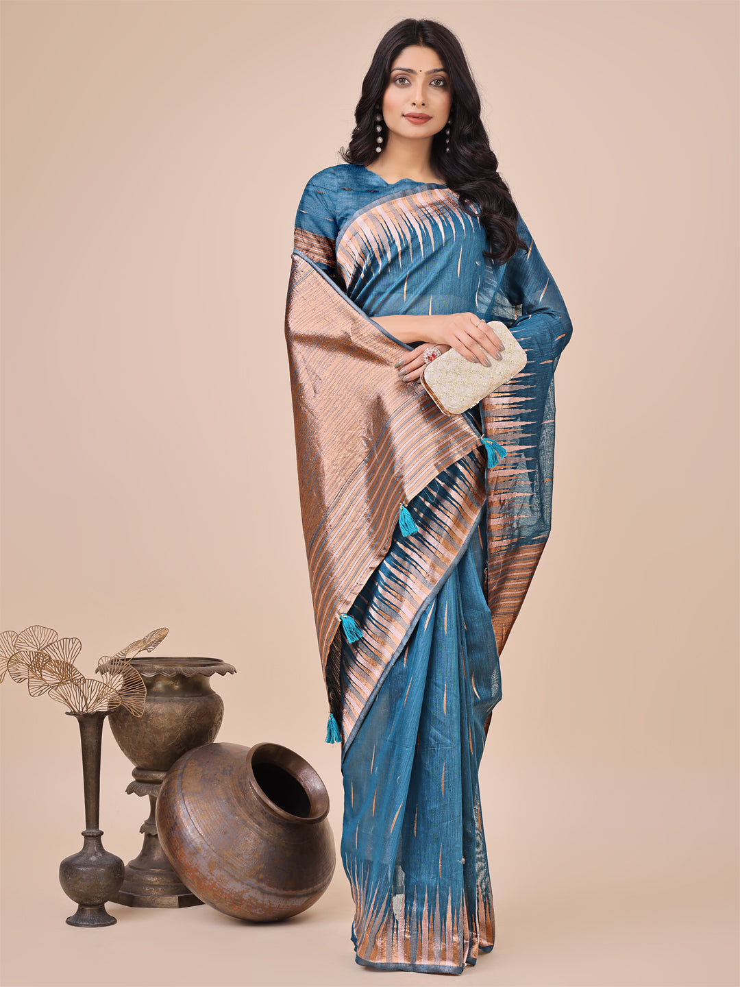 Aanika Women Blue Linen Cotton Saree With UnStiched Blouse - Distacart