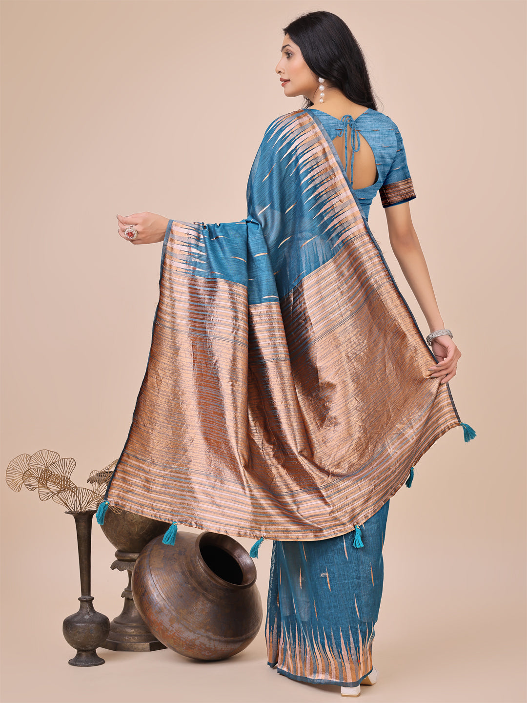Aanika Women Blue Linen Cotton Saree With UnStiched Blouse - Distacart