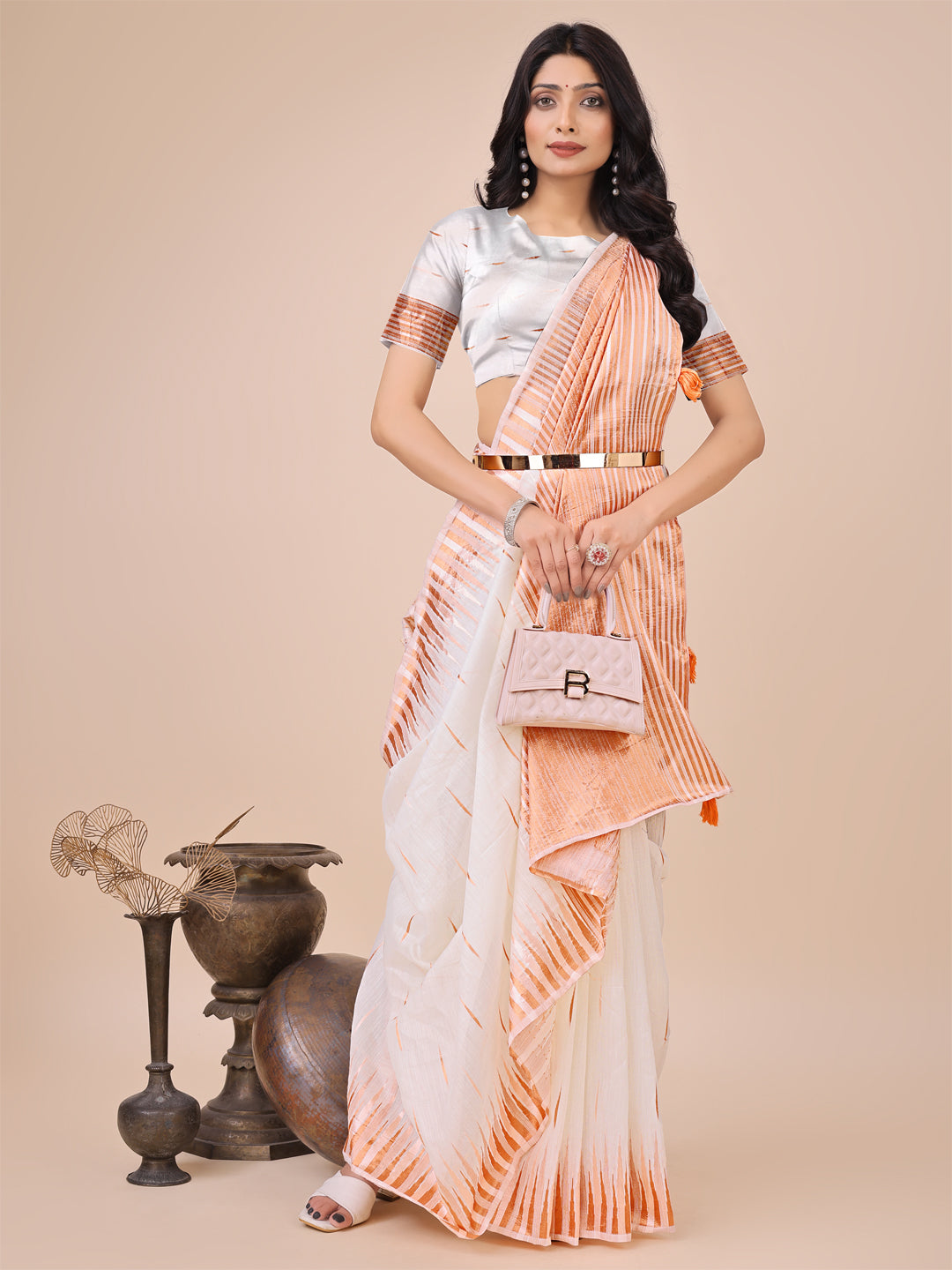 Aanika Women White Linen Cotton Saree With UnStiched Blouse - Distacart