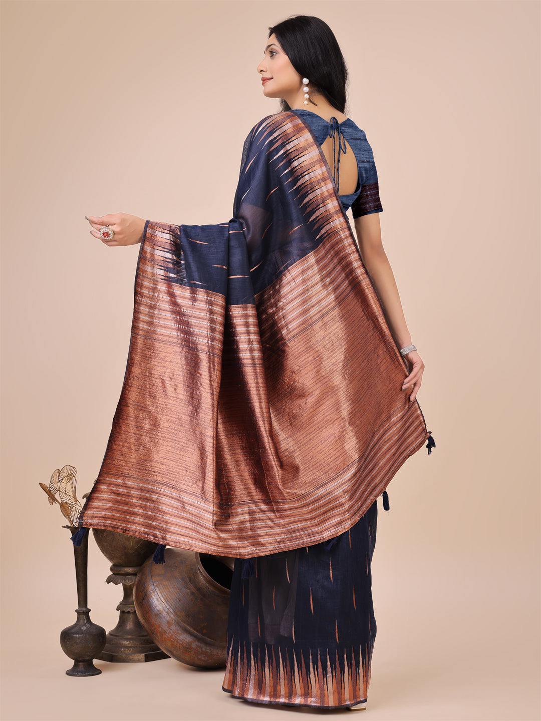 Aanika Women Navy Blue Linen Cotton Saree With UnStiched Blouse - Distacart