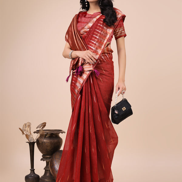 Anaita Red Linen Cotton With Jacquard Work And Zari Weaving Saree With Blouse - Distacart