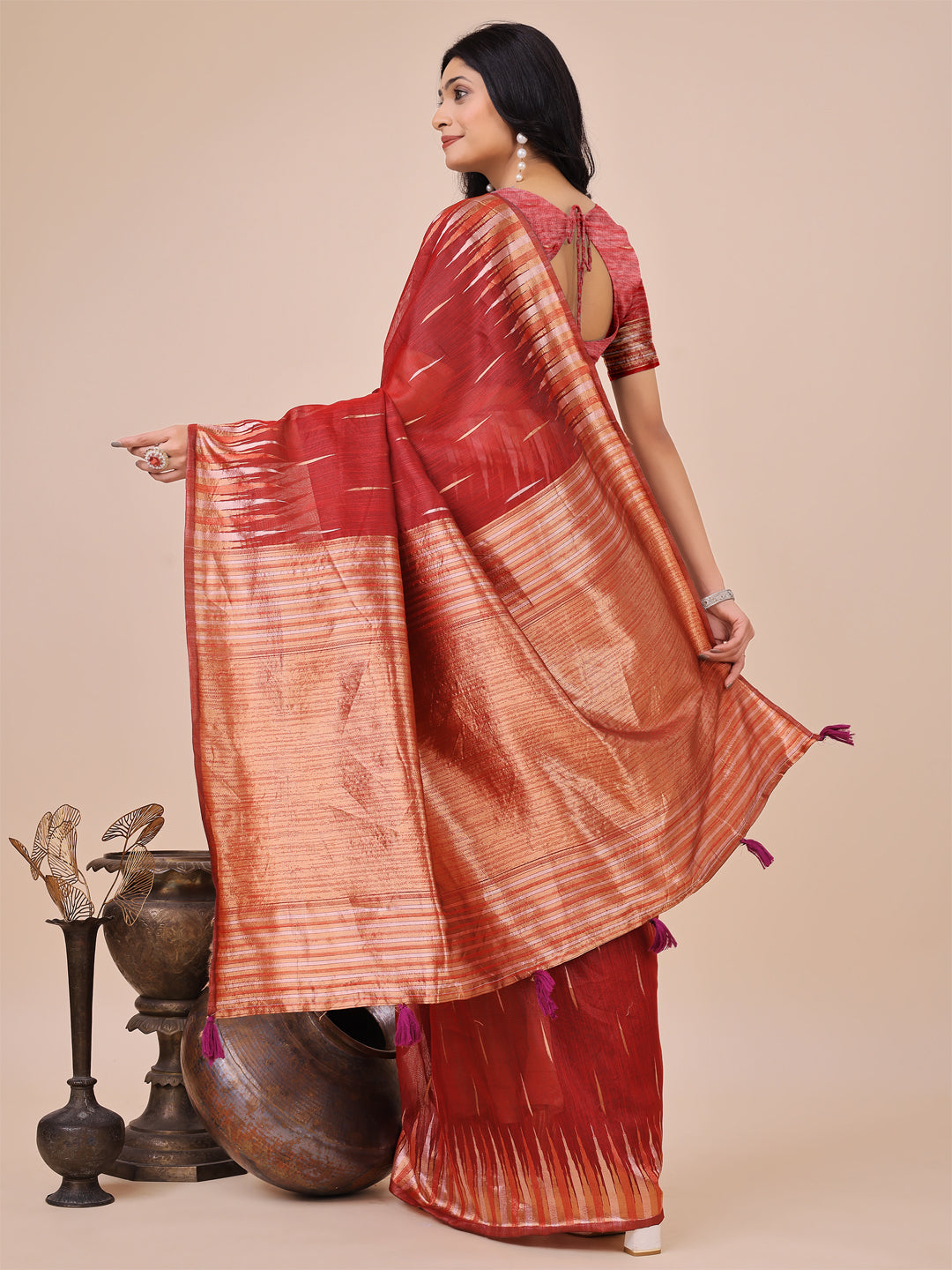 Aanika Women Red Linen Cotton Saree With UnStiched Blouse - Distacart