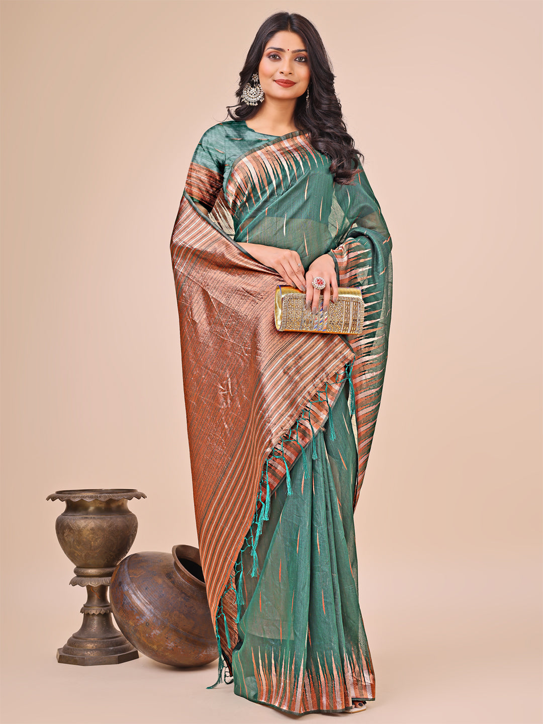 Aanika Women Green Linen Cotton Saree With UnStiched Blouse - Distacart