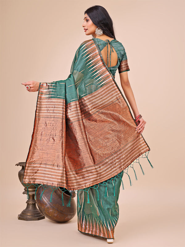 Aanika Women Green Linen Cotton Saree With UnStiched Blouse - Distacart