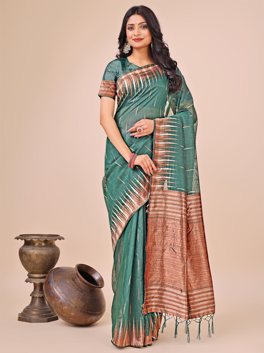 Aanika Women Green Linen Cotton Saree With UnStiched Blouse - Distacart