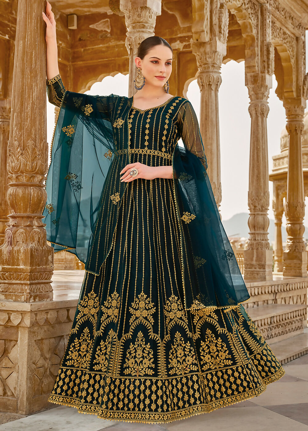 Heavy Stone Embroidered Peacock Blue Designer Anarkali Suit - Emponline - Distacart