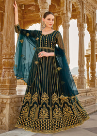 Thumbnail for Heavy Stone Embroidered Peacock Blue Designer Anarkali Suit - Emponline - Distacart