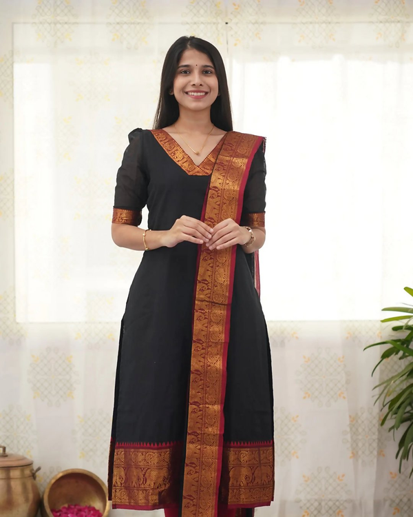 Divine Drape Women's Cotton Printed Straight Kurta With Dupatta - Black