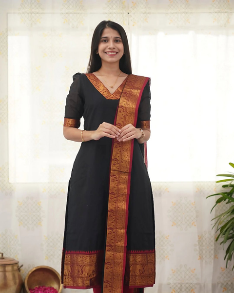 Divine Drape Women's Cotton Printed Straight Kurta With Dupatta - Black