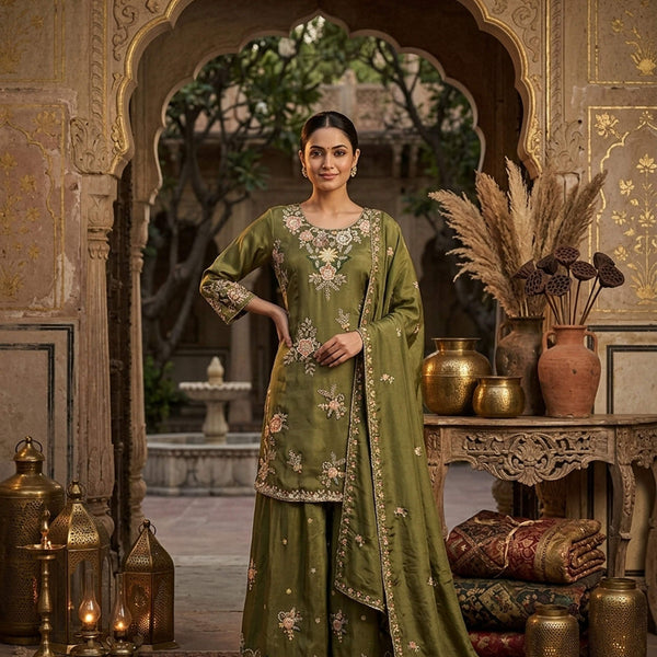 Stylish Designer Stitched Green Pure Viscose Crepe Embroidery Hand Work Stitched Sharara Suit - Anbazaar - Distacart