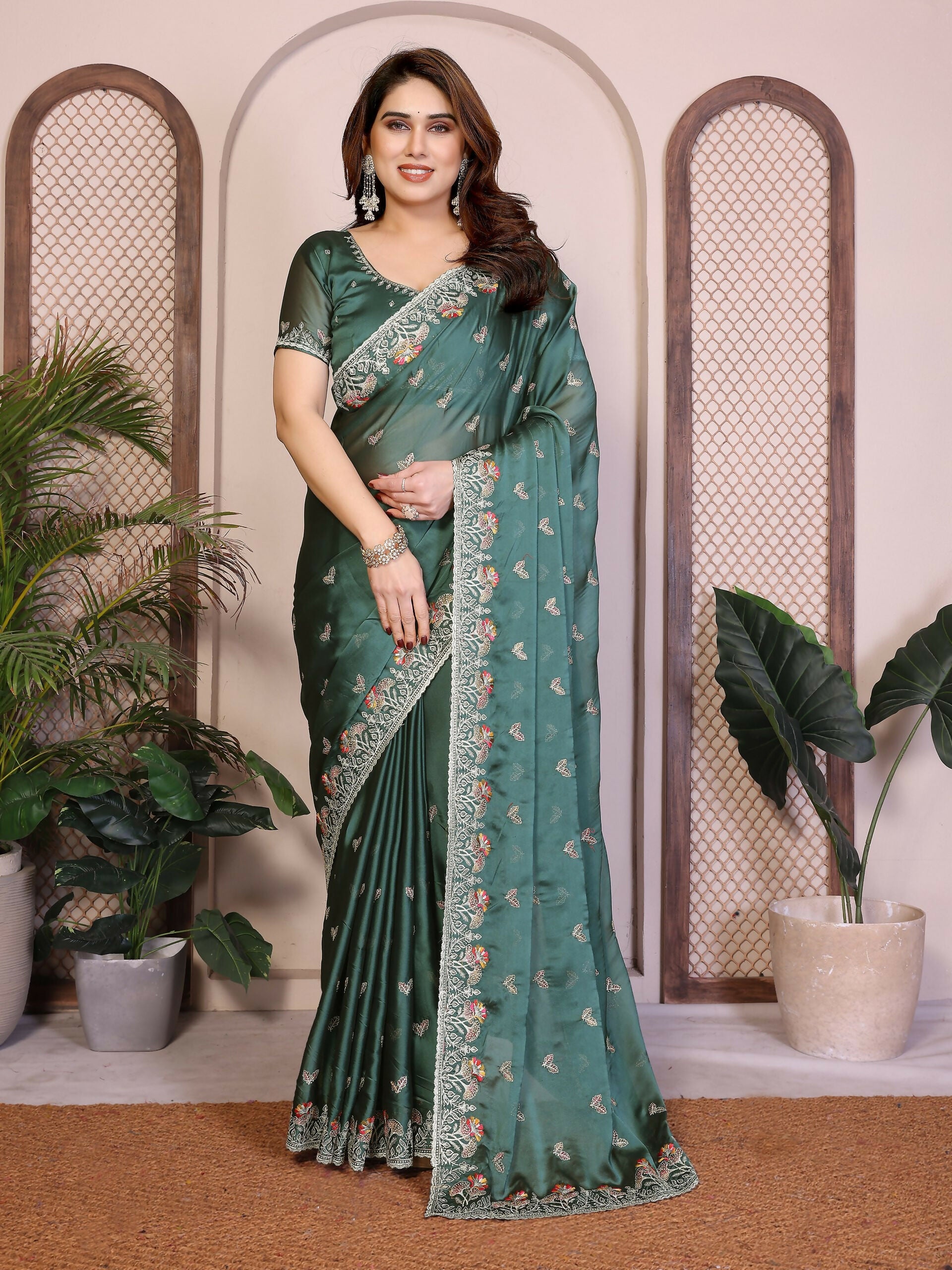 Teeya Creation New Trendy Stylish Party Wear Silk Saree-Green - Dista