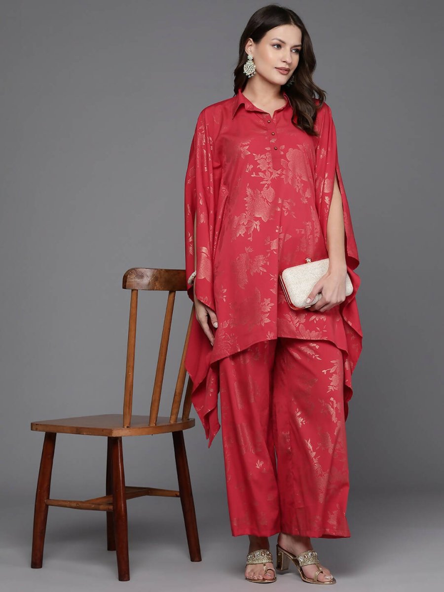 Ahalyaa Women Floral Printed Tunic with Palazzos - Red Color - Distacart