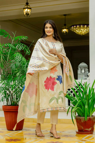Preksha Creation Off-White Viscose Assam Silk Embroidered Beads Kurta Set With Dupatta And Pant