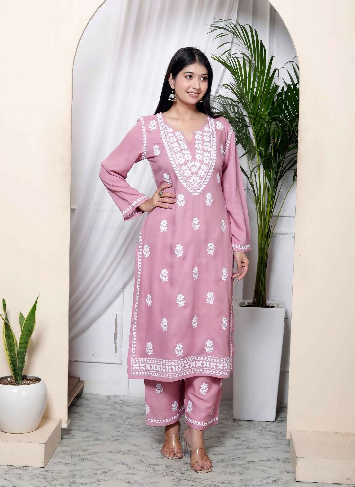 Miravan Womens Pink Embroidered Kurta With Palazzo - Distacart