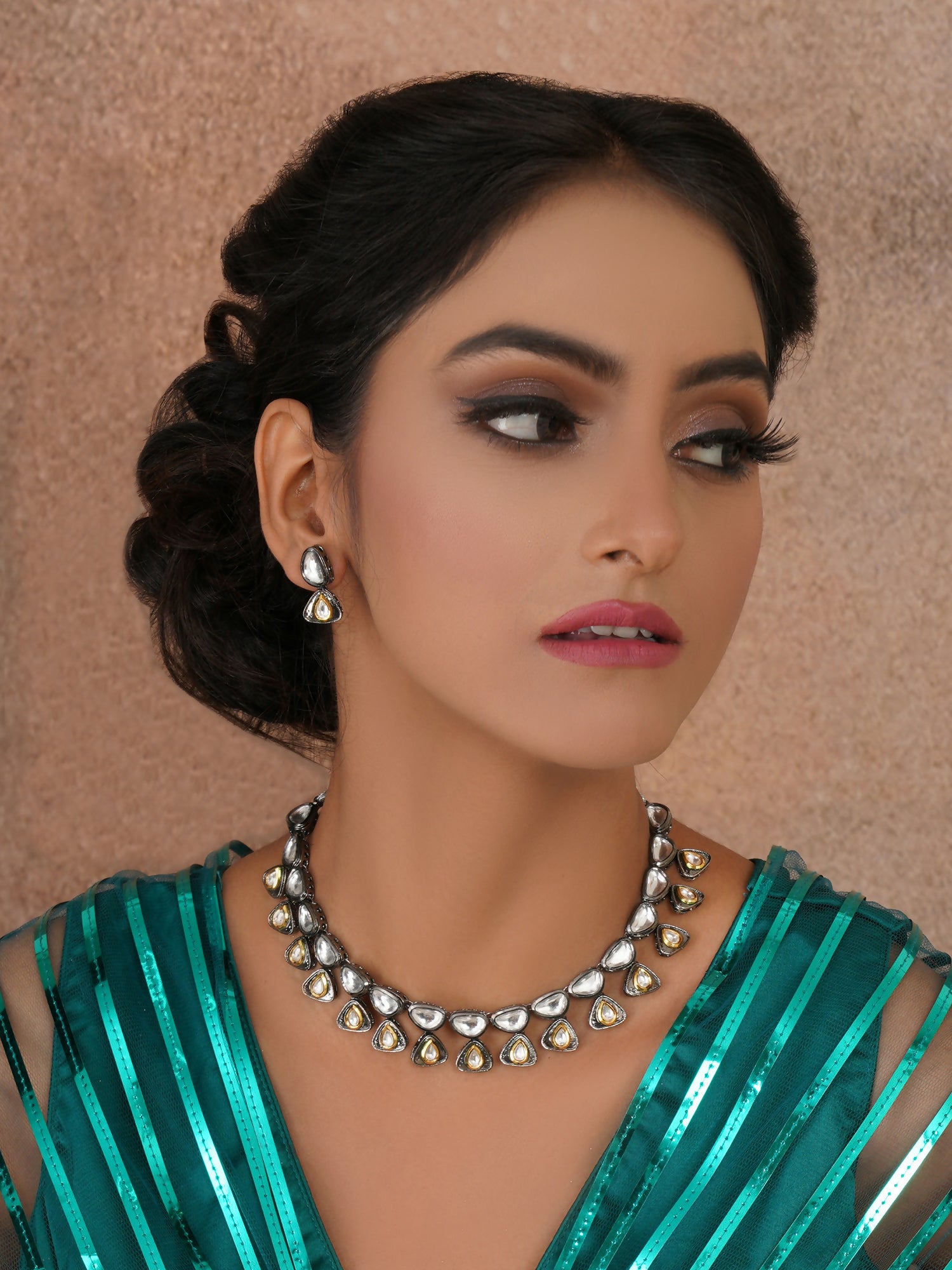 Dual Tone Kundan Neckpiece with Earrings Jewellery Set (silver) - Ruby Raang - Distacart