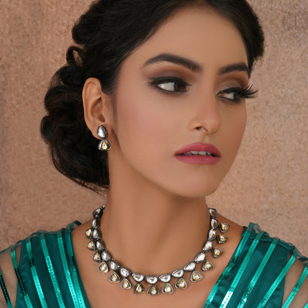 Dual Tone Kundan Neckpiece with Earrings Jewellery Set (silver) - Ruby Raang - Distacart