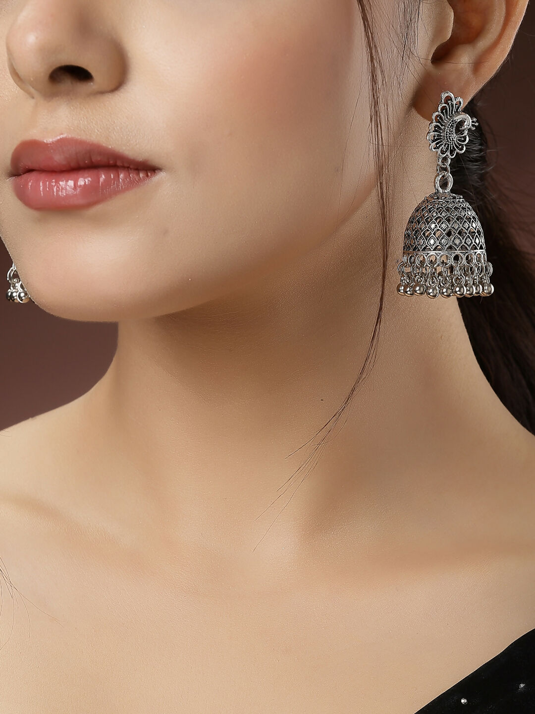 NVR Women's Silver-Toned Peacock Design German Silver Oxidised Dome Shaped Jhumka Earrings - Distacart