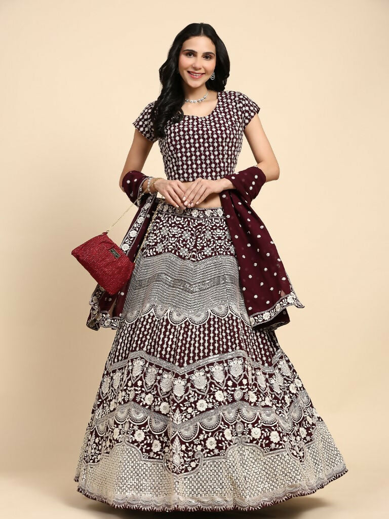 Brown Georgette Thread Embroidered Lehenga Choli with Dupatta - Tanya - Distacart