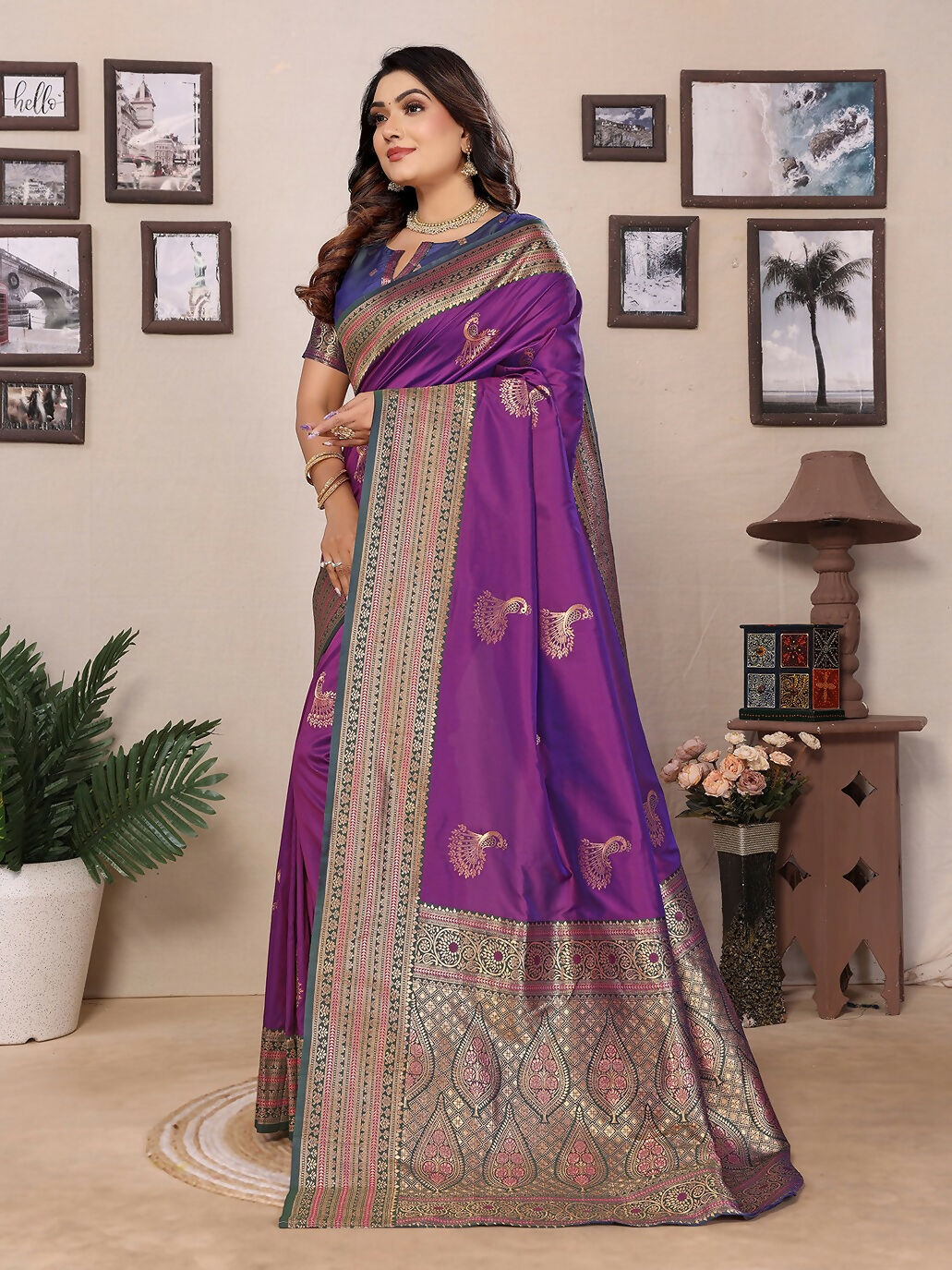 Joban Fashion Banarasi Magenta Small Butti Soft Silk Saree
