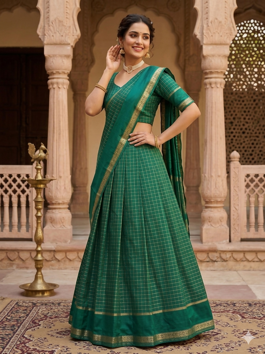 Teeya Creation New South Indian Silk Checked Half Saree Lehenga Choli with Zari Border-Teal-Green - Dista