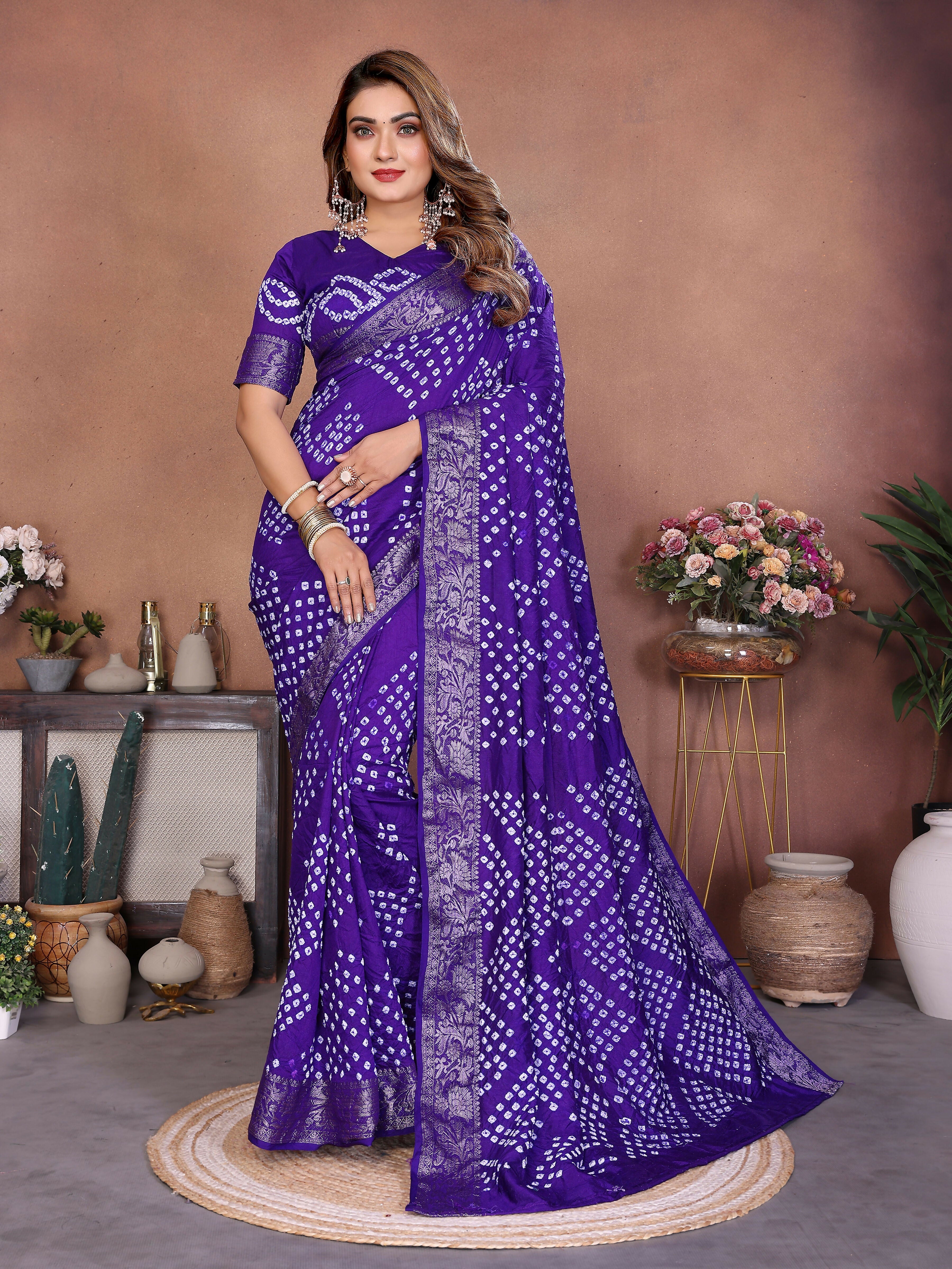 Aastha Fashion Purple Pure Dola Silk Handmade Original Bandhej Saree - Distacart