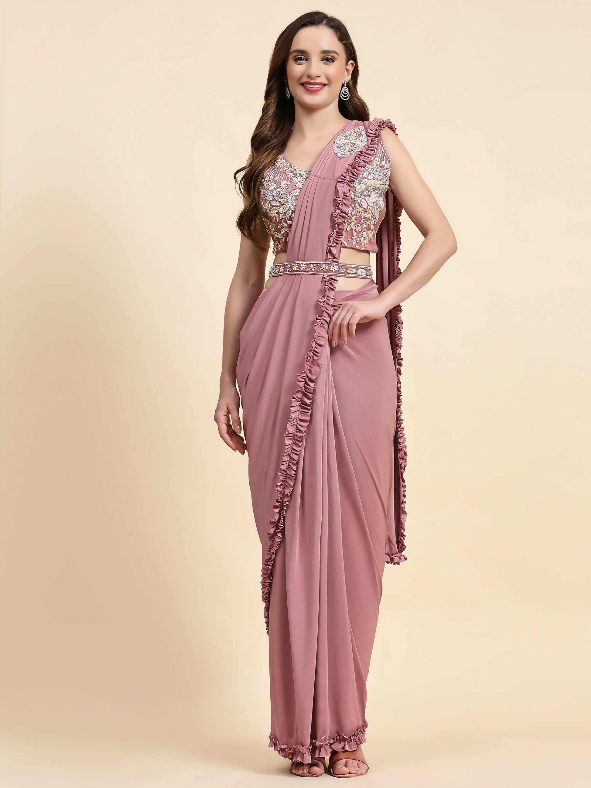 Pink Lycra Solid Ready to wear Saree with stitched Blouse - Vanita - Distacart