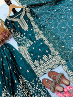Thumbnail for Teeya Creation Teal Pure Silk Gimmy Silk Heavy Embroidery Work Wedding Wear Palazzo Pair - Distacart