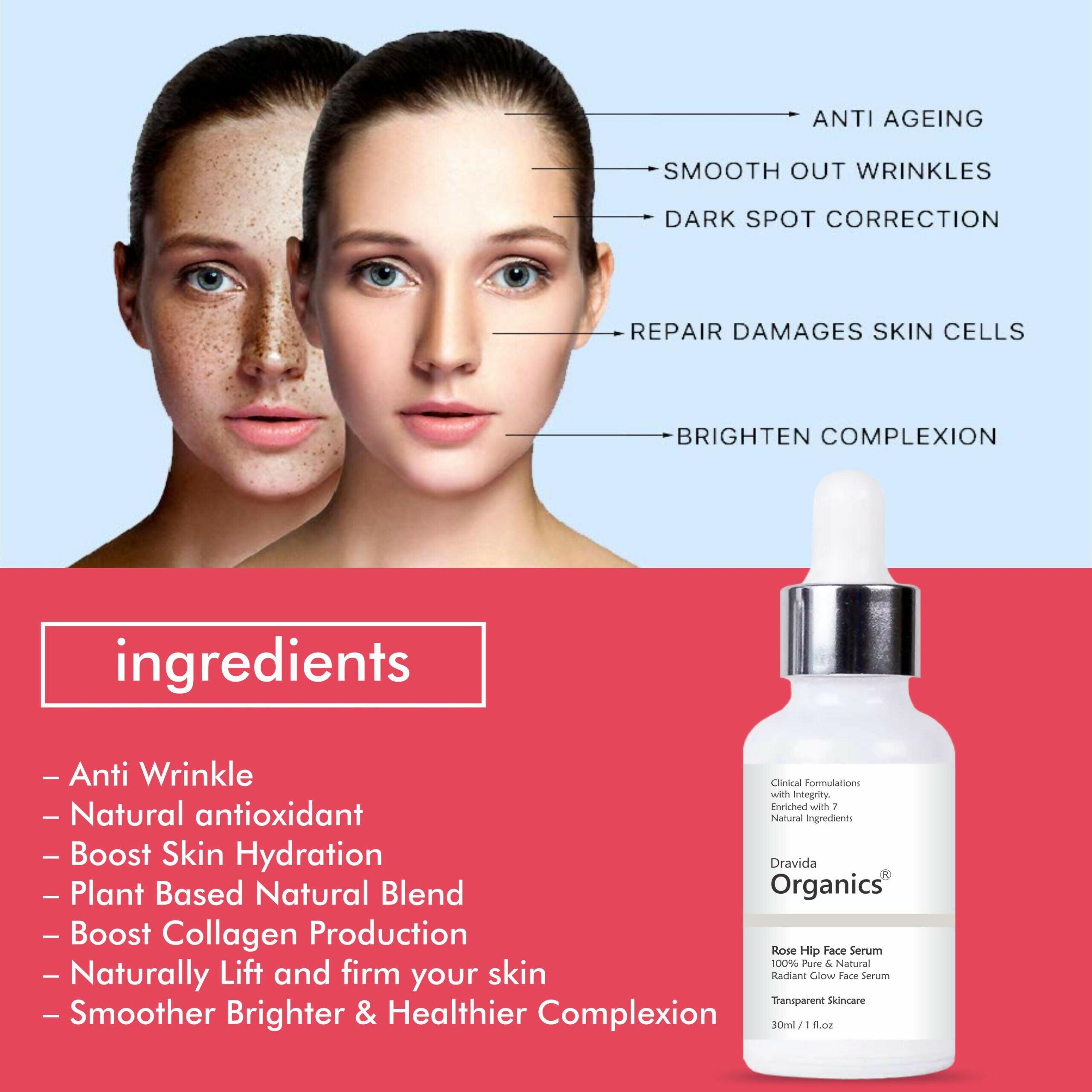 Dravida Organics Rose Hip Radiant Glow Face Serum for Men & Women - Dista