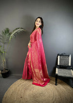 Thumbnail for Joban Fashion Pink Floral Motifs & Ethnic Design Soft Satin Silk Kanchipuram Saree - Distacart