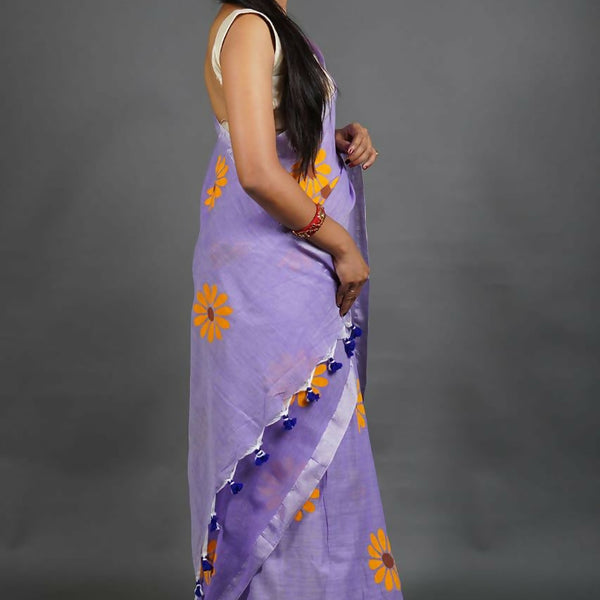 Exclusive Collection Light Violet Pure Cotton Saree With Sunflower Design