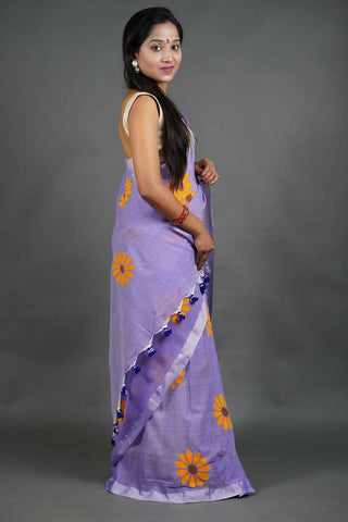 Exclusive Collection Light Violet Pure Cotton Saree With Sunflower Design