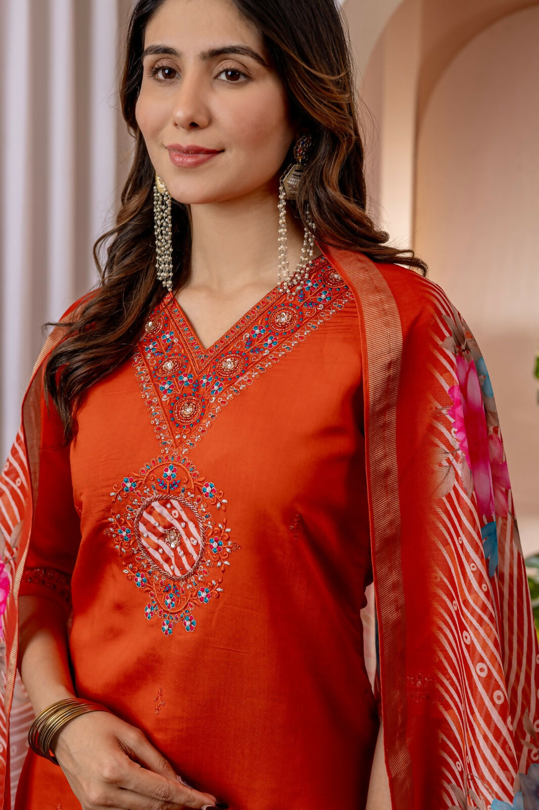 Teeya Creation Womens Orange Embroidered Kurta Pant Set - Dista
